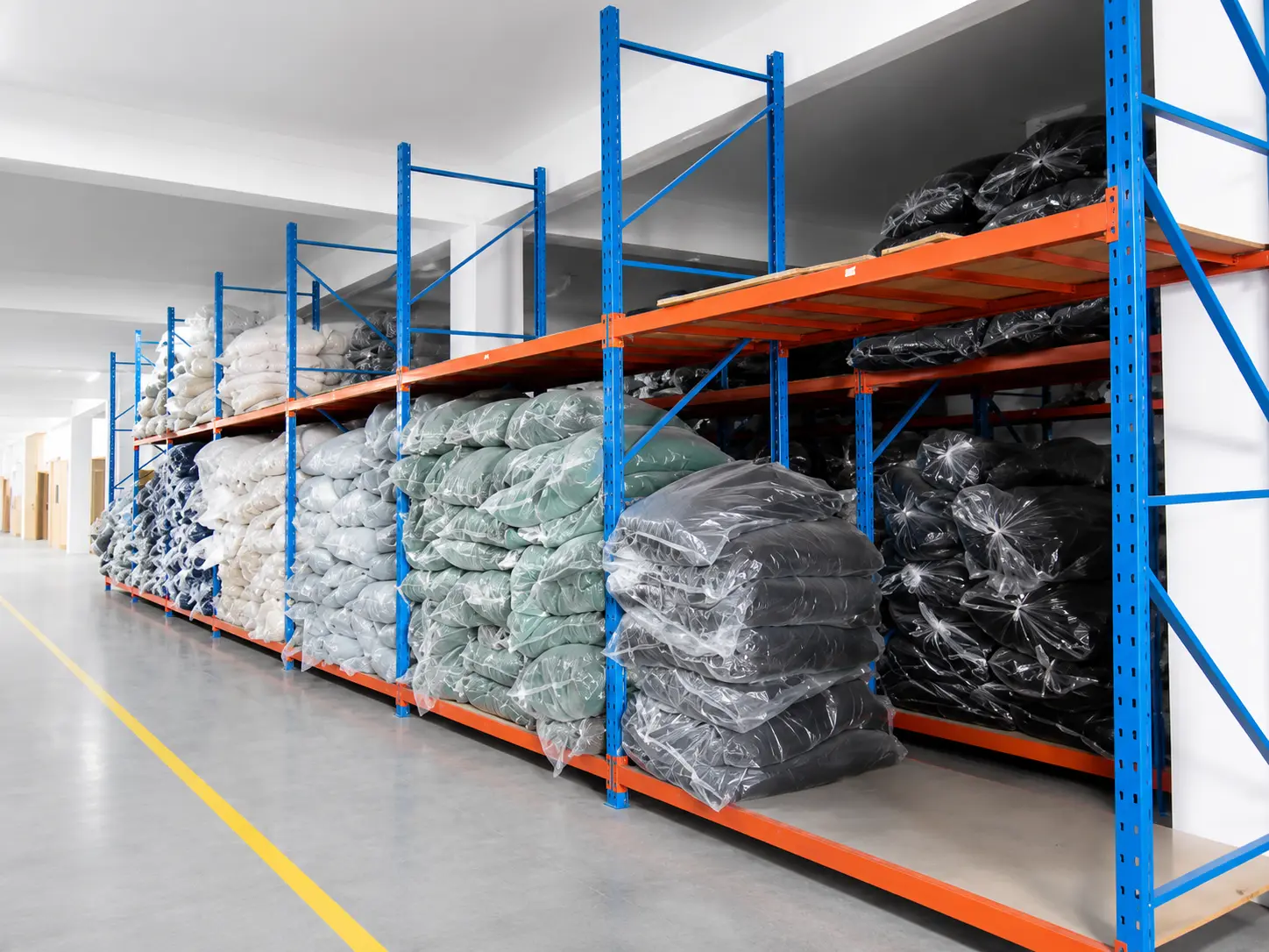 Store warehouse — organized fabric and trim inventory